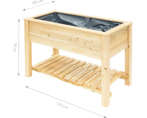Jardinière sur pieds en bois avec étagère et dimensions 120 x 65 x 75 cm.