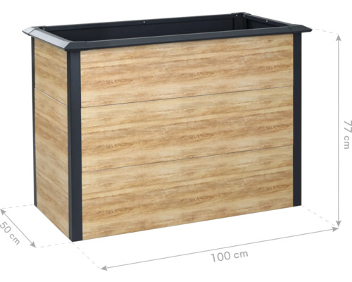 Jardinière aspect bois, dimensions 100 x 50 x 77 cm