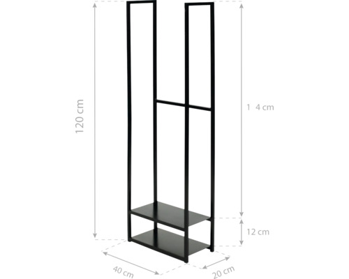 Porte-vêtements avec deux étagères et les dimensions 120 cm de hauteur, 40 cm de largeur et 20 cm de profondeur.