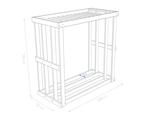 Abbildung eines Holzregals mit den Massen 106 cm Höhe, 108 cm Breite und 52 cm Tiefe.