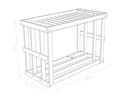 Étagère de stockage en bois avec des dimensions de 74 cm de hauteur, 52 cm de profondeur et 108 cm de largeur