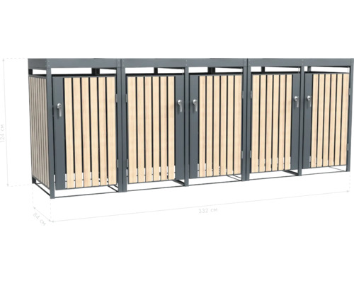 Cache-conteneurs pour trois poubelles, avec habillage en bois et cadre en métal
