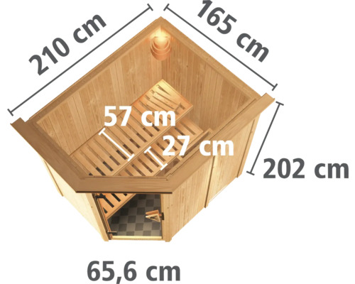 Masse einer Ecksauna mit Bänken und Lampe