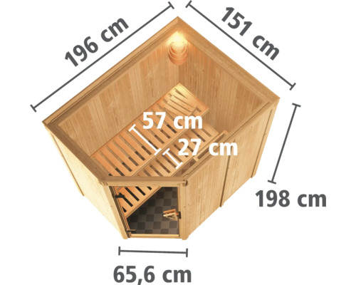Draufsicht einer Sauna mit Maßangaben.