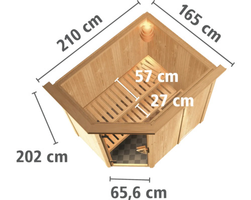 Dimensions d''un sauna d''angle mesurant 210 cm, 165 cm, 202 cm et 65,6 cm