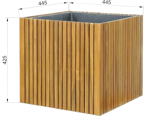 Quadratischer Pflanzkübel aus Holz mit den Maßen 445 x 445 x 425 mm.