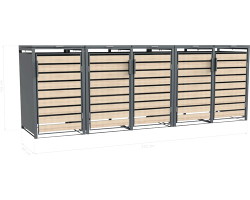 Cache-poubelle pour cinq poubelles, lattes de bois