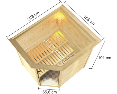 Abbildung einer Ecksauna mit Massangaben.