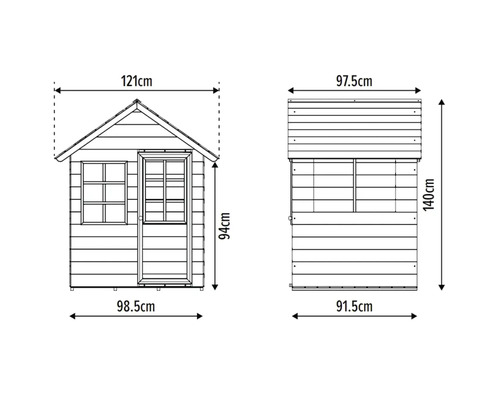 Abmessungen eines Spielhauses mit Seiten- und Frontansicht.
