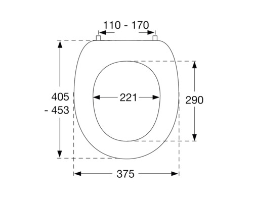 Technische Zeichnung eines WC-Sitzes mit Bemaßung