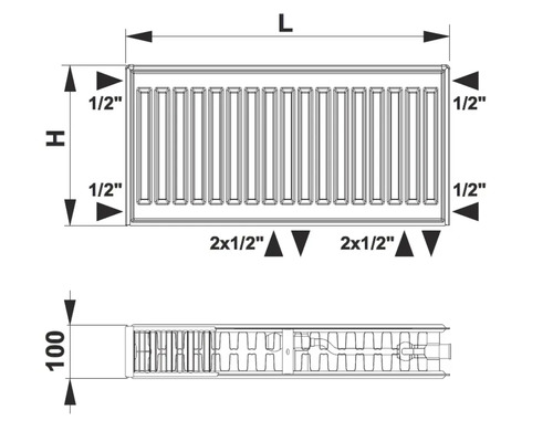 Schéma technique d''un radiateur avec indications de dimensions.