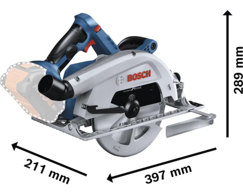 Bosch Akku-Handkreissäge mit den Maßen 211 mm x 397 mm x 289 mm