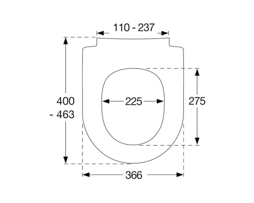 Technische Zeichnung eines Toilettendeckels mit Maßangaben.