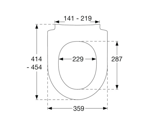 Technische Zeichnung eines Toilettensitzes mit Maßangaben