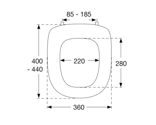 Technische Zeichnung eines Toilettensitzes mit Maßangaben