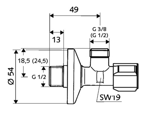Dessin technique d''un robinet d''arrêt d''angle avec cotes