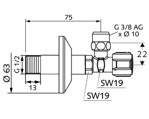 Schéma technique d''un robinet d''équerre avec indications de dimension