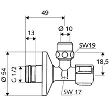 Technische Zeichnung eines Eckregulierventils mit Maßangaben