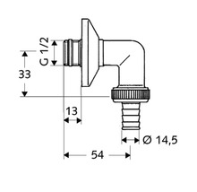 Technische Zeichnung eines Eckventils mit Massangaben