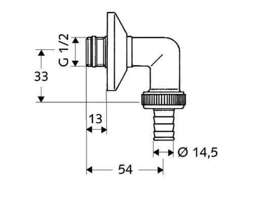 Technische Zeichnung eines Eckventils mit Massangaben
