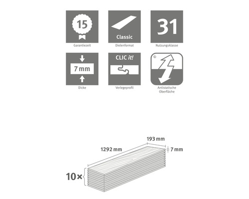 Informations sur le stratifié : garantie de 15 ans, format de planche Classic, classe d’utilisation 31, épaisseur de 7 mm, profilé de pose Clic it !, surface antistatique, dimensions 1292 mm x 193 mm, 10 planches