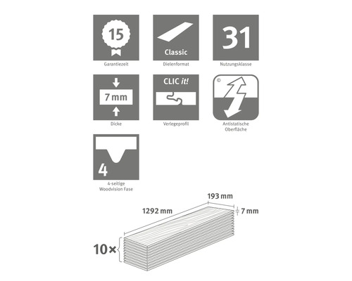 Laminat Spezifikationen: 15 Jahre Garantie, klassisches Dielenformat, Nutzungsklasse 31, 7 mm Dicke, Klickverbindung, antistatische Oberfläche, vierseitige Holzstrukturfase, 1292 mm Länge, 193 mm Breite