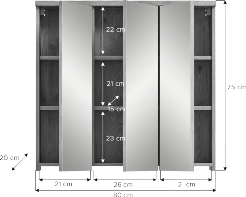 Abmessungen eines Spiegelschranks mit Regalen und drei Türen.