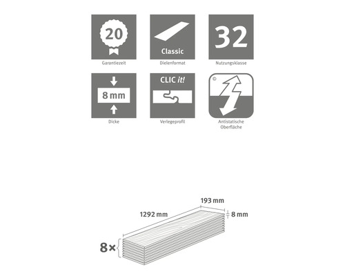 Informations sur le stratifié : durée de garantie de 20 ans, format de lame Classic, classe d’utilisation 32, épaisseur de 8 mm, profilé de pose Clic it, surface antistatique et dimensions.