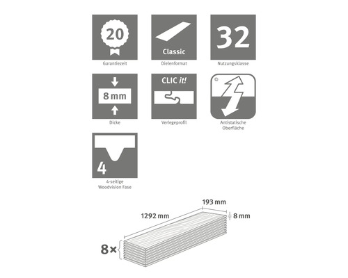 Informations sur la période de garantie, le format des planches, la classe d''utilisation, l''épaisseur, le profil de pose, la surface antistatique et la phase Woodvision