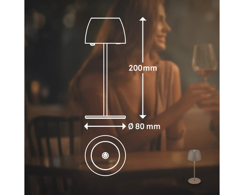 Schéma d''une lampe de table avec des dimensions de 200 mm de hauteur et 80 mm de diamètre