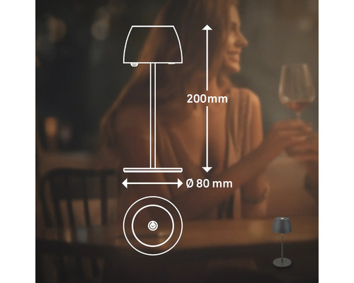 Illustration d''une lampe de table avec des dimensions de 200 mm de hauteur et 80 mm de diamètre