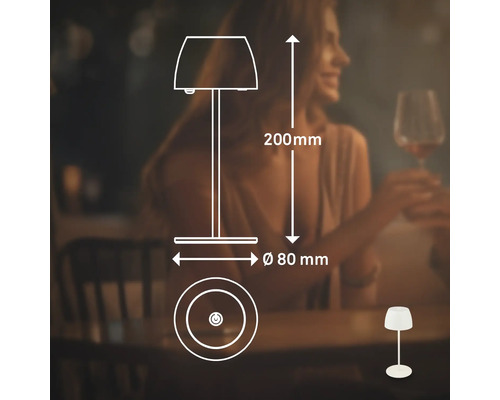 Illustration d''une lampe de table avec des dimensions de 200 mm de hauteur et 80 mm de diamètre