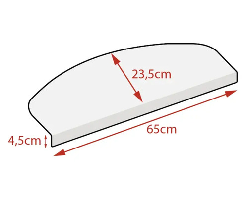 Skizze einer Fensterbank mit Maßangaben: 65 cm Länge, 23,5 cm Breite und 4,5 cm Höhe.