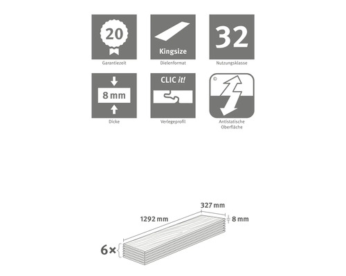 Informationen zu Garantiezeit, Dielenformat Kingsize, Nutzungsklasse 32, Dicke, Verlegeprofil und antistatischer Oberfläche sowie Maße des Produkts