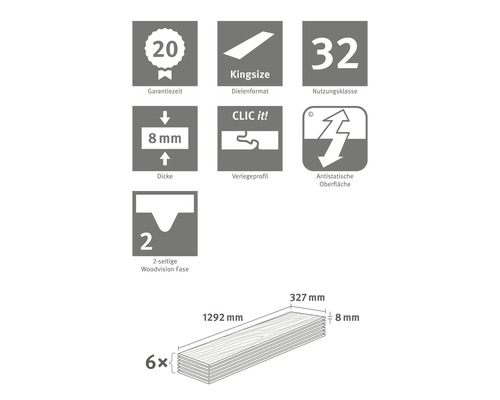 Informations sur la durée de garantie, le format des planches, la classe d''utilisation, l''épaisseur, le profilé de pose et la surface antistatique