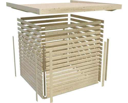 Abri de jardin non monté en lattes de bois avec toit plat