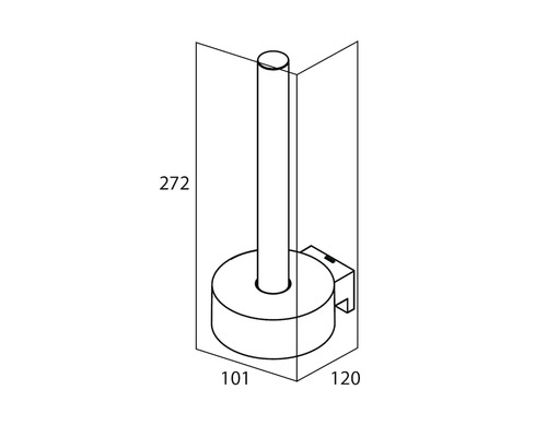 Technische Zeichnung eines Toilettenpapierhalters mit Maßen.