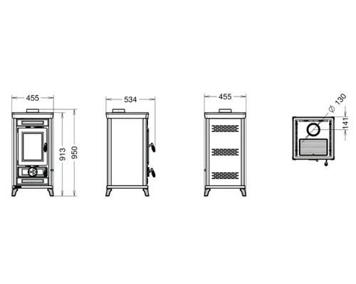 Masse des Kaminofens als technische Zeichnung.