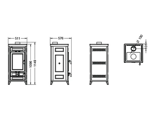 Technische Zeichnung eines Ofens mit Massangaben