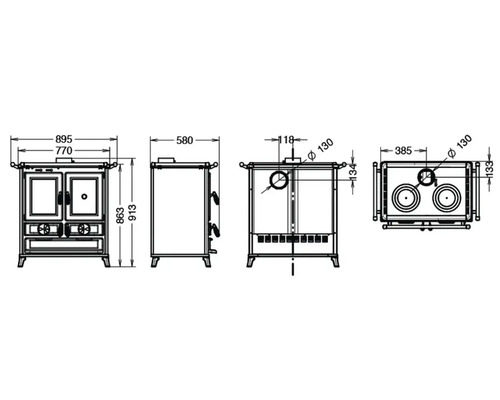 Schéma technique d''un poêle à bois avec dimensions