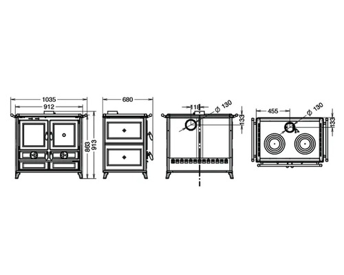 Schéma technique d''une cuisinière à bois avec indications de dimensions.