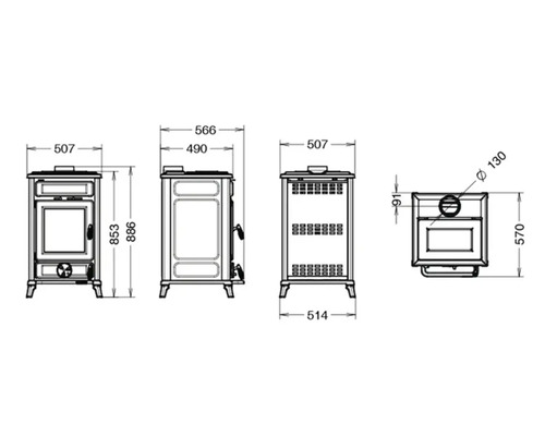 Technische Zeichnung eines Kaminofens mit Maßangaben