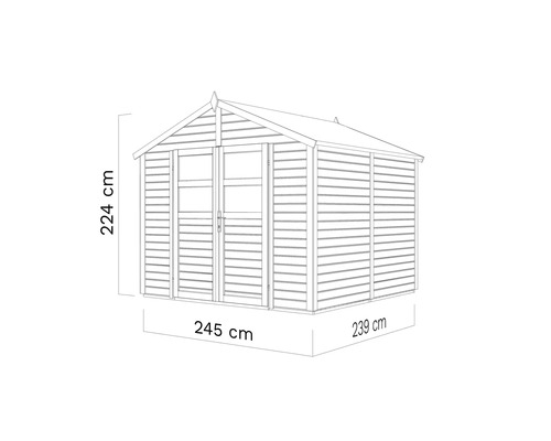 Image d''un abri de jardin avec des dimensions de 224 cm de hauteur, 245 cm de largeur et 239 cm de profondeur.