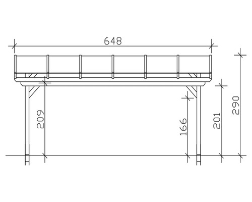 Technische Zeichnung eines Holzpavillons mit Maßangaben