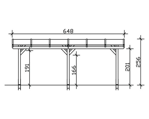 Technische Zeichnung eines Carports mit Maßangaben.