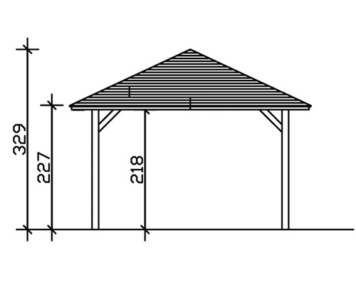 Technische Zeichnung eines Pavillons mit Höhenangaben in Zentimetern