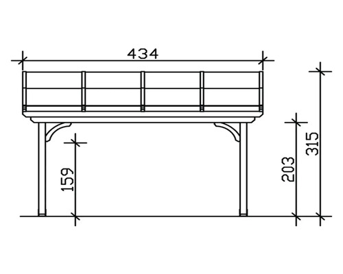 Schéma technique d''un pavillon de jardin en bois, dimensions : 434, 315 et 159 centimètres.
