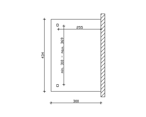 Dessin technique avec cotes d''un produit : hauteur 434, profondeur 300, distance au mur 255, hauteur variable entre 310 et maximum 369.