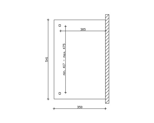 Schéma technique avec indications de dimensions pour montage mural : hauteur 541 mm, largeur 350 mm, profondeur 305 mm, hauteur de montage variable entre 417 mm et 475 mm.