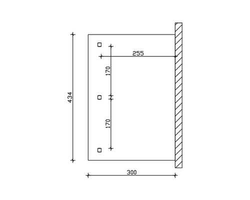 Schéma technique avec dimensions d''un objet de 434 de hauteur, 300 de largeur et 255 de profondeur.
